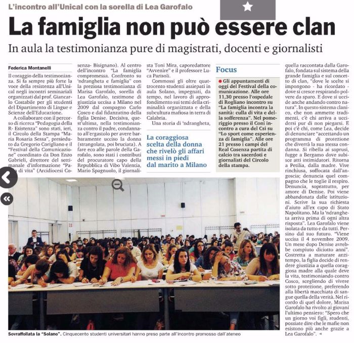 Gazzetta del Sud, pagina 26, racconta il seminario dedicato allo studio della famiglia di 'ndrangheta.