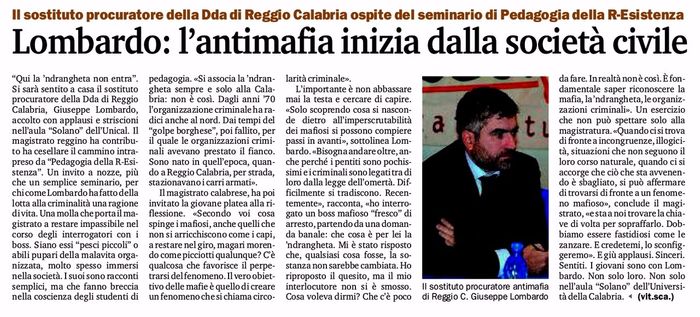 Gazzetta del Sud, a pagina 23, racconta il seminario con il Procuratore Lombardo.