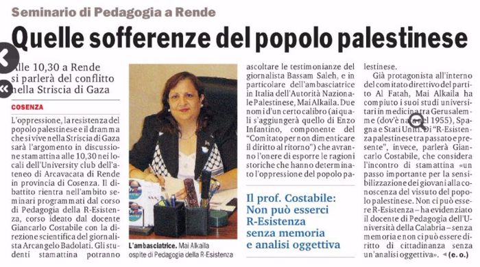 Gazzetta del Sud, pagina 21, seminario con l'Ambasciatrice della Palestina. 