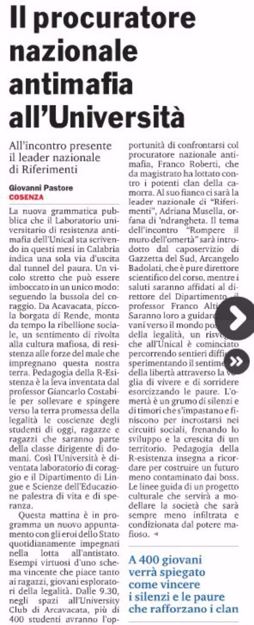 Gazzetta del Sud, a pagina 21, presenta il seminario con il Procuratore Nazionale Antimafia, Franco Roberti.