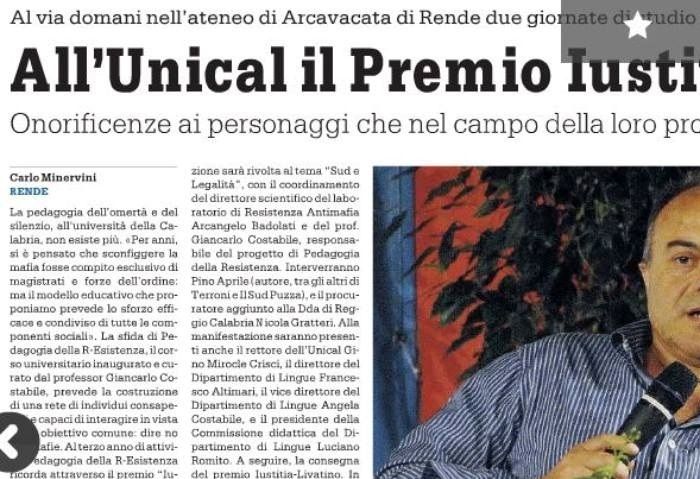 Gazzetta del Sud, pagina 32, 1° Premio Iustitia - Rosario Livatino.