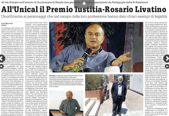 Gazzetta del Sud, pagina 32, 1° Premio Iustitia - Rosario Livatino.