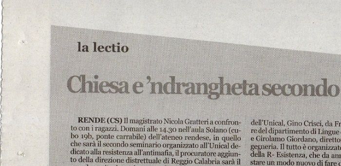 L'Ora della Calabria, a pagina 28, presenta il seminario con Gratteri.