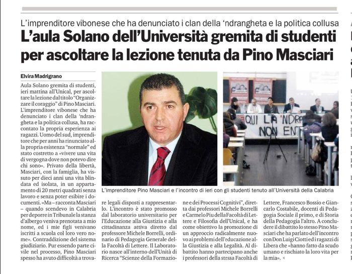 Gazzetta del Sud, a pagina 40, racconta il seminario con Pino Masciari.