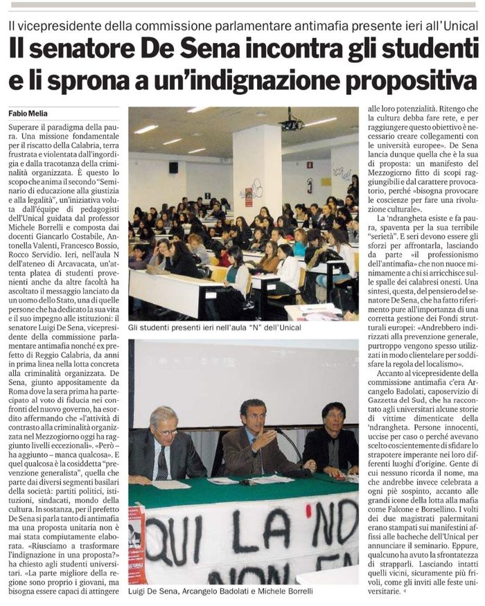 Gazzetta del Sud, a pagina 36, racconta il seminario con il Prefetto De Sena.