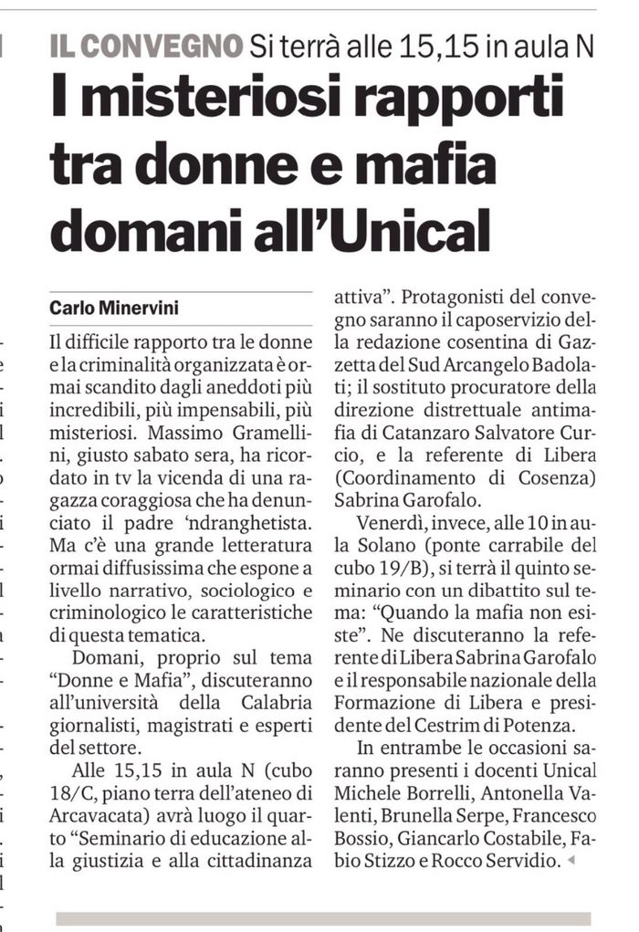 Gazzetta del Sud, a pagina 31, presenta il seminario con il Procuratore antimafia Curcio.