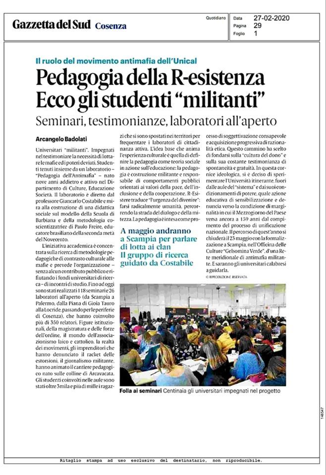Gazzetta del Sud, 27 febbraio 2020, pag. 29 edizione cosentina.