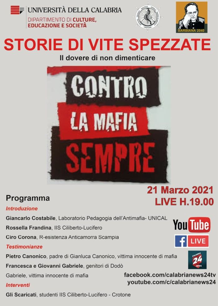 Locandina del webinar dedicato alle vittime delle mafie.