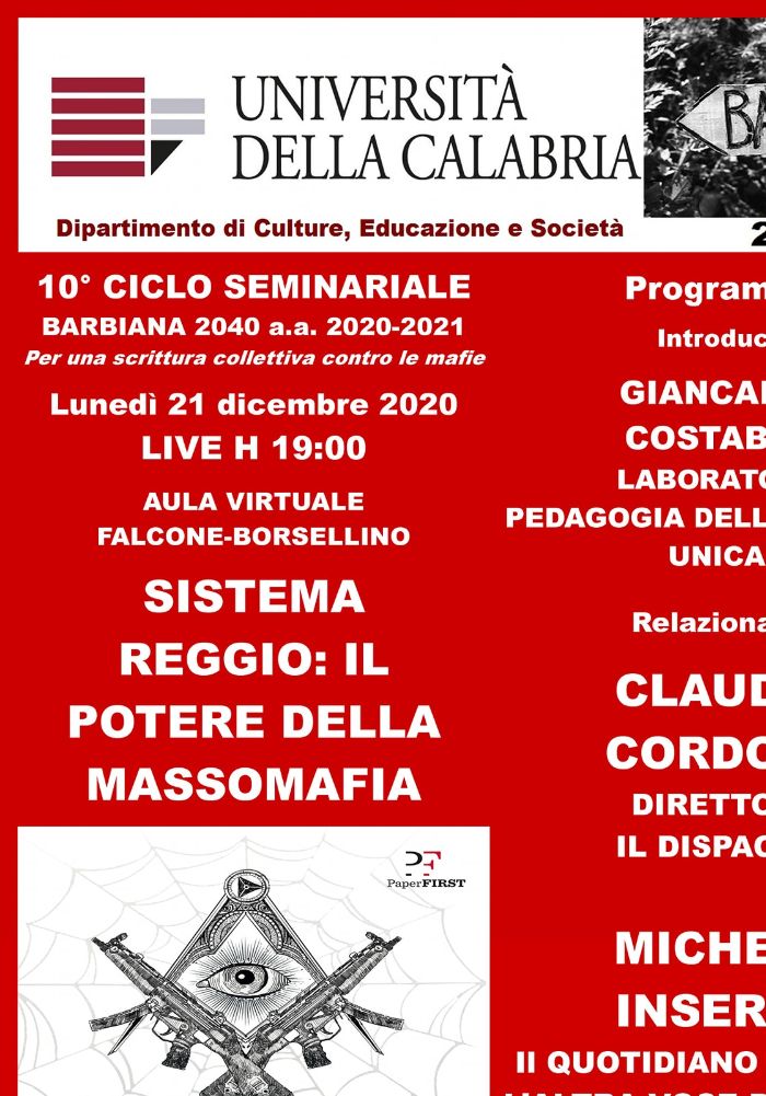 Locandina del webinar sul Sistema Reggio e la borghesia mafiosa.