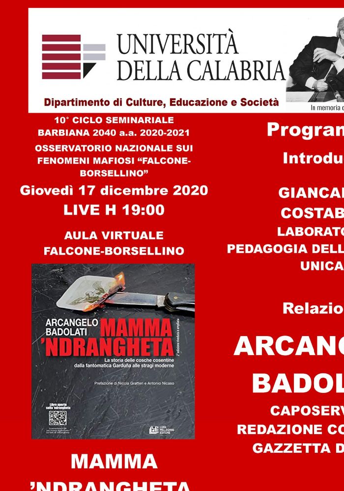 Locandina del webinar dedicato alla storia della mafia cosentina.