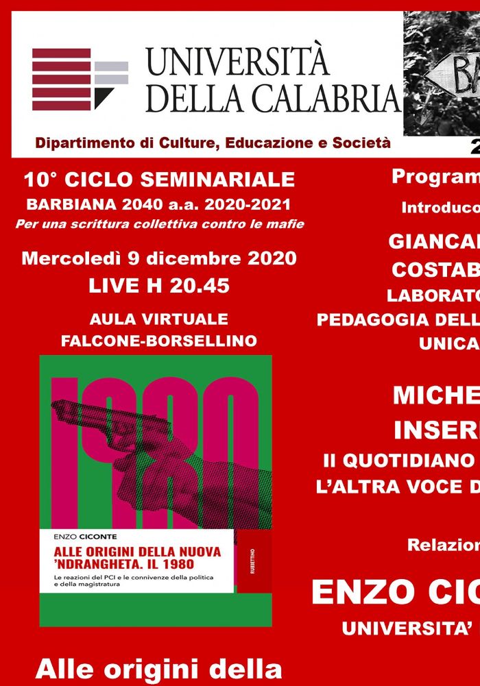 Locandina del webinar dedicato allo studio delle trasformazione storiche della 'ndrangheta.