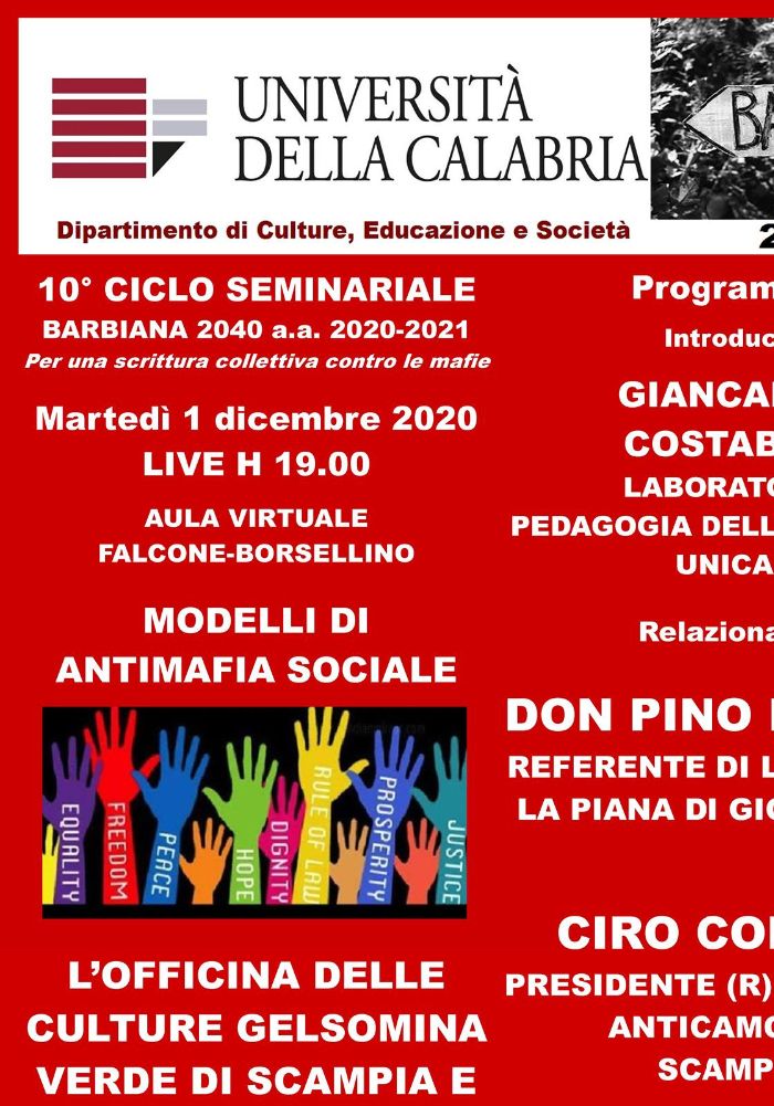 Locandina del webinar dedicato ai modelli di antimafia sociale.