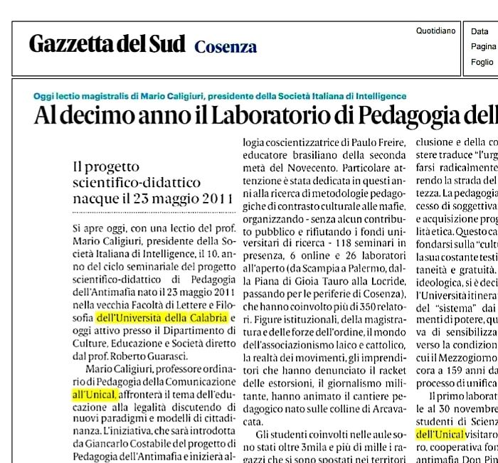 Gazzetta del Sud, 6 novembre 2020, pag. 23 edizione cosentina.