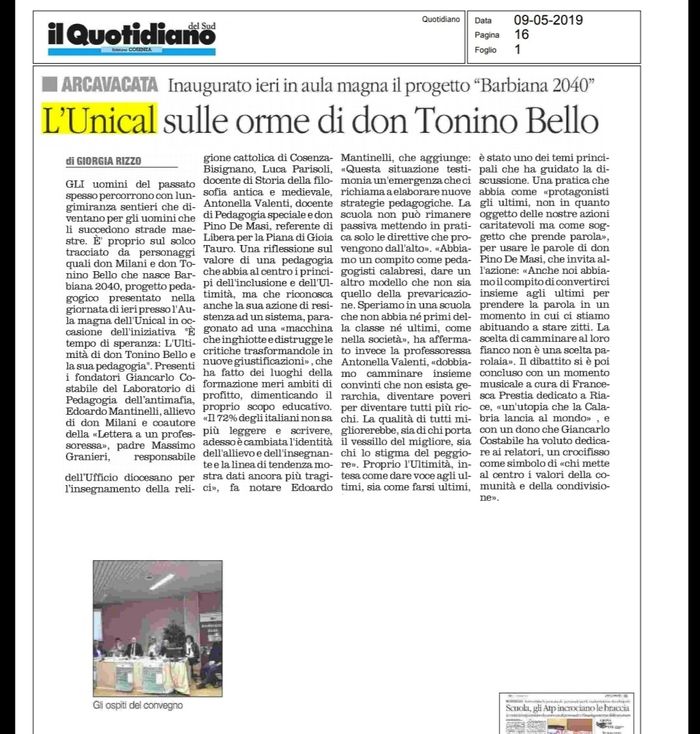 Il Quotidiano del Sud, 9 maggio 2019, pag. 16 edizione cosentina.